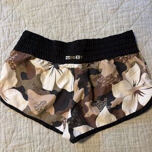 Roxy surf shorts black, brown hibiscus floral print